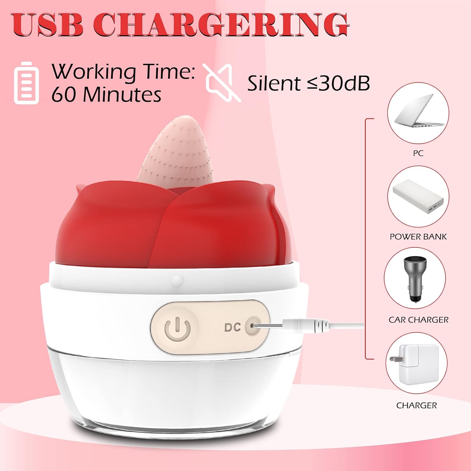 Rose Tongue Vibrator — Clitoral, Vaginal & Nipple Stimulation, Quiet <30dB, USB Rechargeable